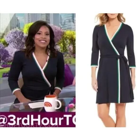 Eliza J Contrast Trim Surplice V-Neck Wrap blue Dress, size 14 - Picture 1 of 13